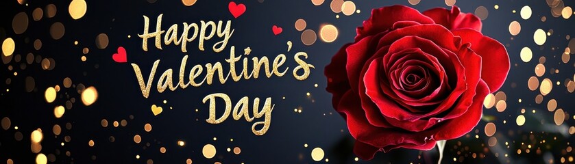 Romantic Composition of a Vibrant Red Rose with Happy Valentine's Day Text and Festive Bokeh Background