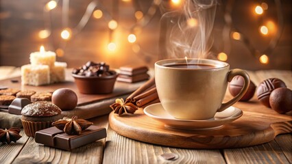 Warm beverage and sweet treats on a wooden surface with warm lighting