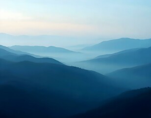 Fototapeta premium Misty mountain landscape, layered blue hills, atmospheric perspective, hazy horizon, ethereal scenery, soft gradient, serene vista