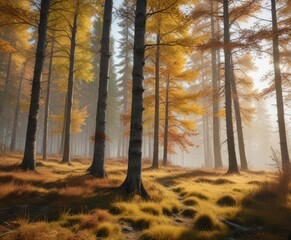 Fototapeta premium The rustling autumn grasses and leaves beneath the towering larch trees, altai, woodland ambiance