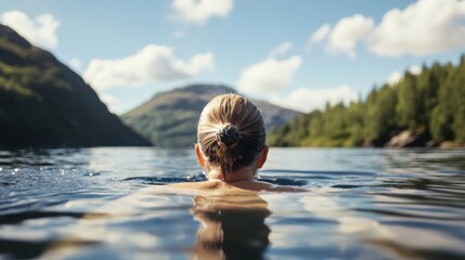 Fototapeta premium A Woman Swimming in a Serene Mountain Lake During a Bright Sunny Day, Surrounded by Lush Greenery and Majestic Peaks Reflecting on the Calm Water