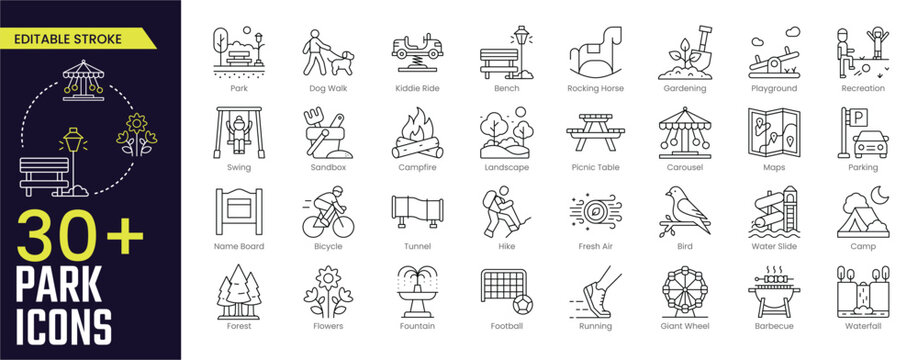 Park Stroke icon collections. Containing Park, Dog Walk, Kiddie Ride, Bench, Rocking, Horse, Gardening, Playground, Recreation and more icons. Editable Stroke icon collection Outline icon
