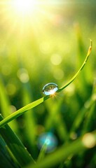 Tiny droplet of water perched on the edge of a blade of grass, catching sunlight and radiating beauty , morning, blade of grass