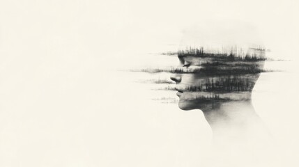 Serene man, forest landscape, profile view, calm background, mindfulness concept