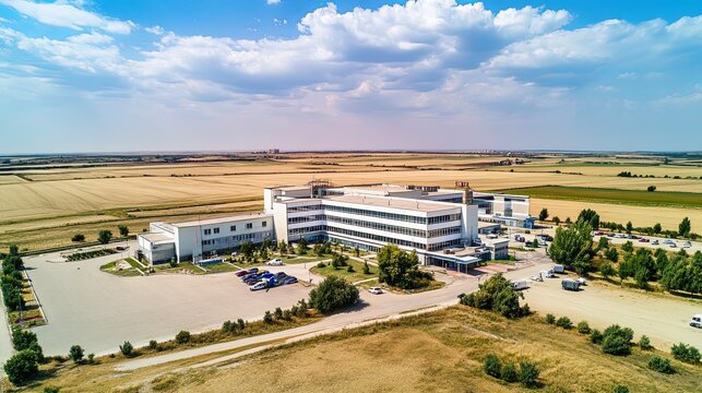 Rural Hospital Building Surrounded by Open Fields and Trees, Emphasizing the Contrast Between Urban and Rural Healthcare Access
