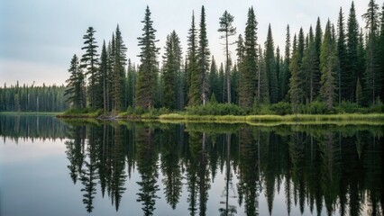 Towering pine trees reflected in the mirror-like surface of a still lake, lake reflections, serene atmosphere, countryside charm