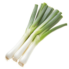 Fresh leeks with long white stalks in a dynamic flying composition, showcasing their texture and color, isolated on white background