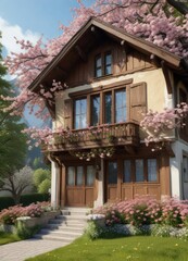 Fototapeta premium Traditional swiss chalet facade with beautiful blossoming tree, traditional, scenic view, springtime, swiss chalet