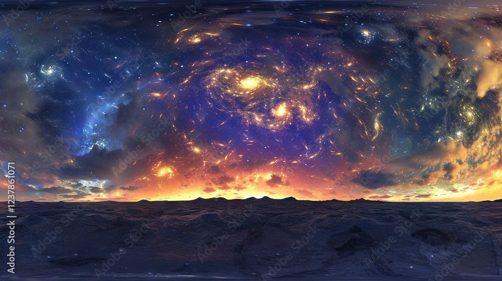 Poster vast 360-degree space background featuring a glowing nebula with young stars, equirectangular projec