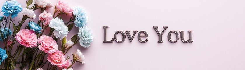 Obraz premium Elegant Soft Floral Arrangement Over a Clean Background with Love You Text for Romantic Decor and Gifts