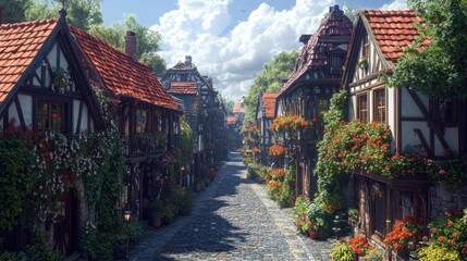 Obraz premium Charming Village Street with Flower-Adorned Houses. Generative AI