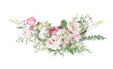 Romantic Watercolor Floral Bouquet with Blush Roses and Eucalyptus, Isolated on Transparent or White Background