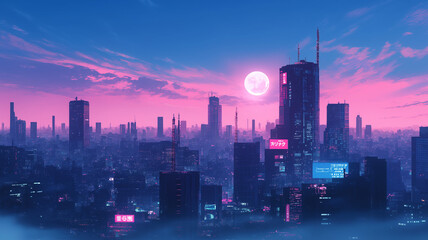 静寂の夜｜ネオンが灯る都会の月夜風景