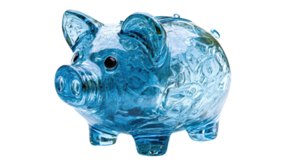Transparent blue glass piggy bank with coins inside on checkered background