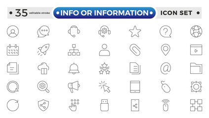Info or Information outline icon set. Collection of help signs. Containing info, help, inform, support, news, instructions and notice icons. Online help, helpdesk. Editable stroke outline icon.