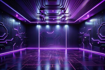 Futuristic Room with Circuit Pattern Walls and Floor Illuminated by Neon Purple Lighting