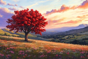 Solitary red tree on a hilltop meadow at sunset, overlooking rolling hills and mountains.