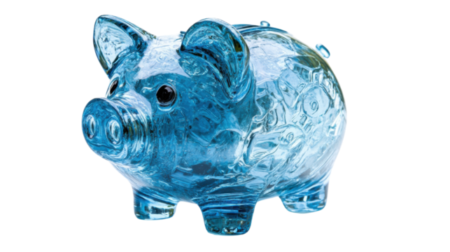 Transparent blue glass piggy bank with coins inside on checkered background