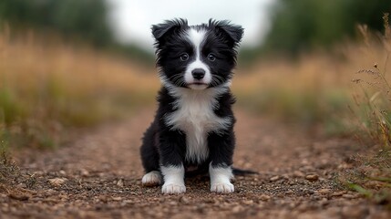 Adorable black and white puppy sitting on a trail.