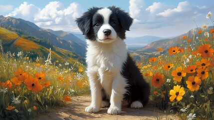 Obraz premium Adorable border collie puppy sitting in a mountain meadow of wildflowers.