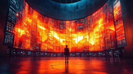 Fototapeta premium Futuristic Trading Floor with Vibrant Transparent Screens and Dynamic Data Visualization