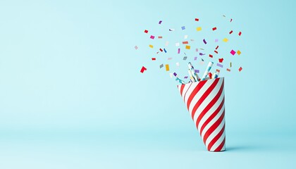 Colorful confetti bursts from a striped party cone against a light blue background, celebrating joy