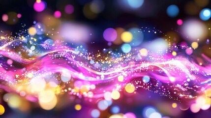 Vibrant Purple Wave Abstract Background with Sparkling Lights and Bokeh Effects