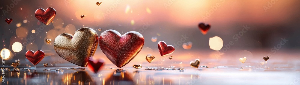Poster abstract heart shapes in red and gold floating against a soft blurred background with sparkles