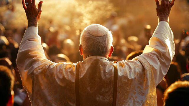 The Pope, priest, raises his hands in blessing people, back view. 