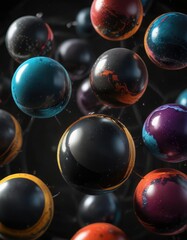 Spheres in a spiral formation on black background, geometric shape, mesmerizing visuals, abstract pattern