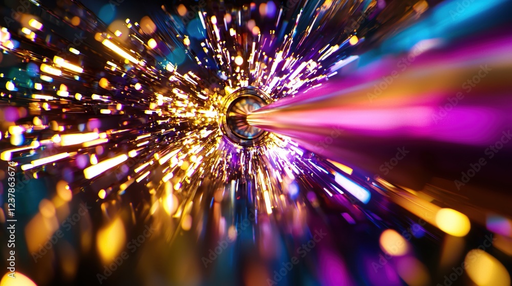 Poster vibrant light streaks exploding from a golden tunnel abstract background