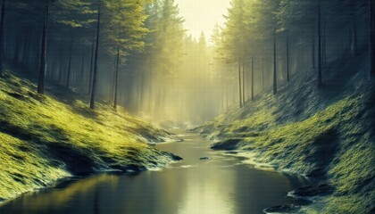 Obraz premium Misty River Enchanting Forest: A Serene Landscape