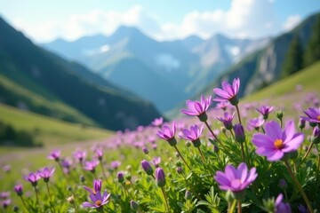 Obraz premium delicate purple flowers blooming in a mountain meadow, wildflower field, blooming flowers