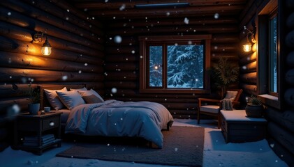 Naklejka premium Dark wooden cabin walls, soft candlelight, snowflakes gently falling, silence, darkness