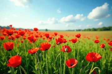 Field of tall red poppies and green grass stretching out to the horizon, nature, endless fields