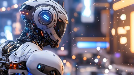 Futuristic Robot in Cityscape Night Lights Sci Fi Android