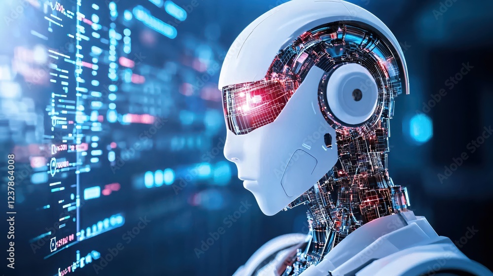 Poster advanced robot analyzing digital data code futuristic technology artificial intelligence