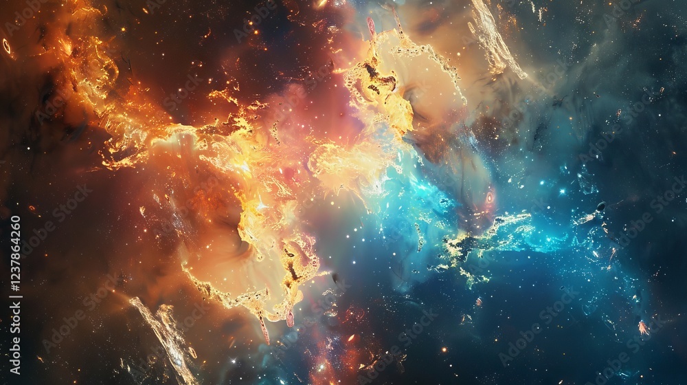 Poster vast 360-degree space background featuring a glowing nebula with young stars, equirectangular projec