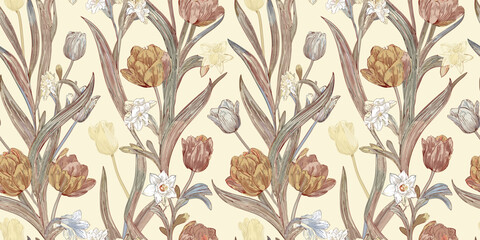 A vintage-style floral pattern featuring yellow and blue flowers with dark centers on a cream background.