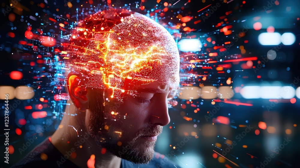 Poster digital mind network man brain data stream innovation technology
