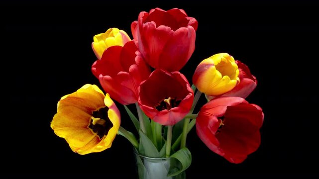 Tulips. Time lapse of red and yellow tulips flower blooming on black background. Time lapse spring bunch of tulip flowers opening, close-up. Holiday bouquet.