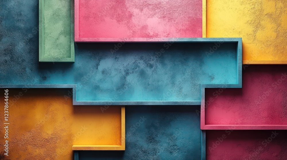 Poster abstract colorful geometric composition: a vibrant interplay of textured shapes and hues, creating a