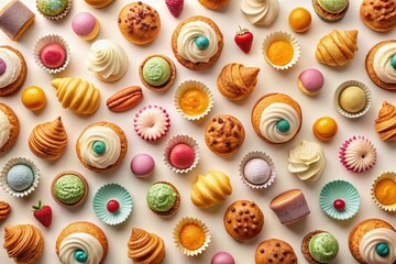 A delightful array of sweet treats, pastries, and confectionery delights arranged in a vibrant pattern.