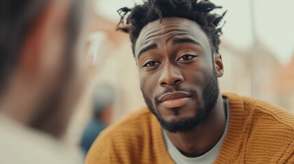 Fototapeta premium A Young Black Man Engaged in Conversation Outdoors, Exhibiting a Thoughtful Expression While Listening Attentively to His Companion in a Vibrant Neighborhood Setting