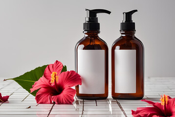 Amber Bottles with Pump Dispensers and Hibiscus Flowers Spa Products Mockup