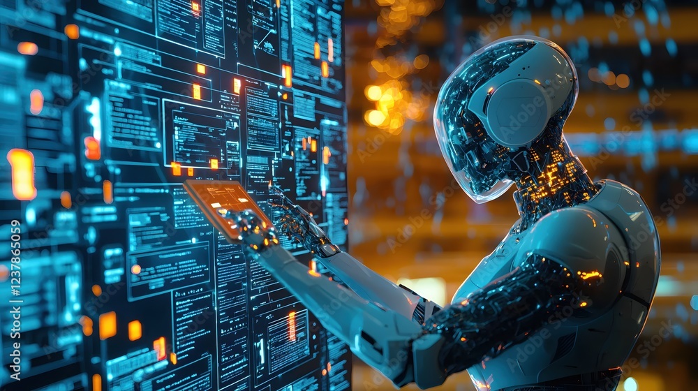 Poster futuristic robot interacting with digital interface advanced technology network data