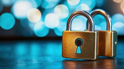 Fototapeta premium Golden Padlocks Security Concept Digital Privacy Data Protection Blue Lights Background