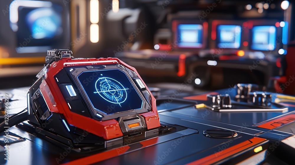 Poster futuristic red control panel with targeting system interface screen