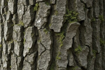 Textured Tree Bark with Deep Fissures and Moss Patches Evoking Ancient Growth