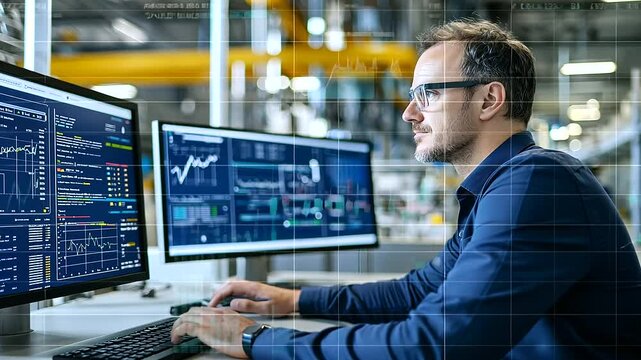 Interactive smart manufacturing dashboard showcasing data metrics and material handling processes.